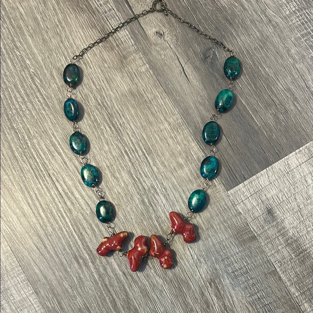Asymmetrical Green and Burnt Orange Necklace with Unique Bead Design